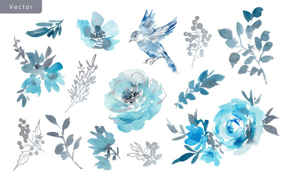 watercolor floral clipart set with abstract hand painted blue rose, eucalyptus leaves, birds, wild flowers and silver line art. Modern floral vector illustrations for post card and stationary.