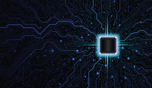 CPU Chip on Motherboard. Central Computer Processors CPU concept. Quantum computer large data processing database concept. Futuristic microchip processor. Digital chip.