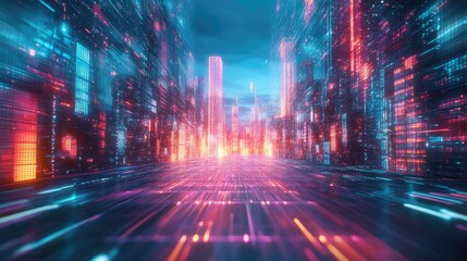 Futuristic metropolis street with flowing data stream lights