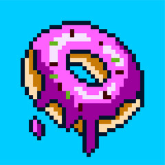 Pixel Donut Logo. Cute Pixel Donut Illustration with Pink Glaze in Retro 8-Bit Style for Food, Dessert, and Creative Designs