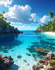 A vibrant tropical vista. Crystal-clear turquoise water laps a sandy beach flanked by rocky cliffs and lush green foliage. Fluffy white clouds