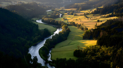 Serene valley landscape with winding river at sunset
