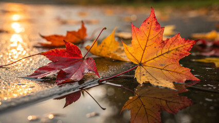 Golden sunset light reflects off vibrant red and orange maple leaves lying in a puddle. A serene and colorful autumn scene