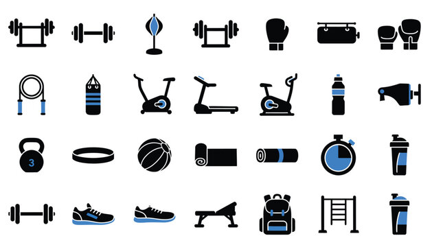 Set of fitness and gym icons simple flat design elements for workout training and healthy lifestyle isolated on white background