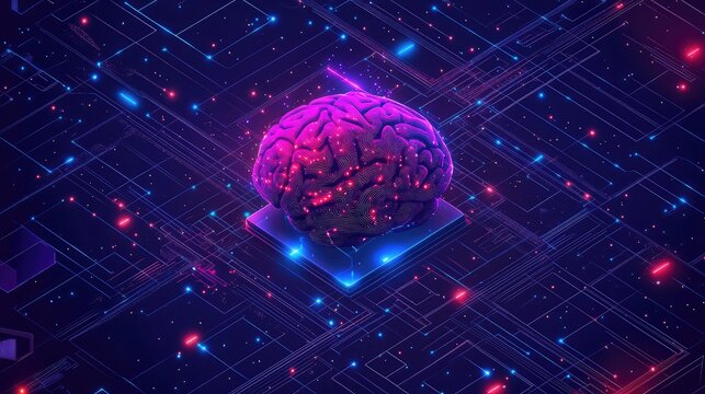 Digital brain processing data on futuristic circuit board