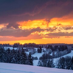 A vibrant winter sunset paints the sky with fiery hues over a snow-covered landscape of rolling hills and dark evergreen trees