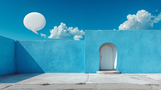 A blue wall with a door and a speech bubble in the blue sky. - Powered by Adobe