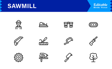 Sawmill And Lumber Industry Line Icon Set – Professional, Modern, Minimal, And Pixel Perfect Woodcutting Symbols
