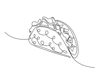 Continuous one line drawing of single mexican taco. Mexican taco hand drawn vector illustration.