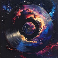 A vintage vinyl record with a swirling nebula replacing the label and filling the center. The background is a vast starry space