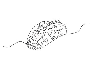 Continuous one line drawing of single mexican taco. Mexican taco hand drawn vector illustration.