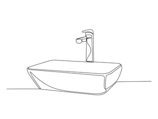 Continuous one line drawing of bathroom washbasin. Washstand hygiene hand drawn vector illustration.