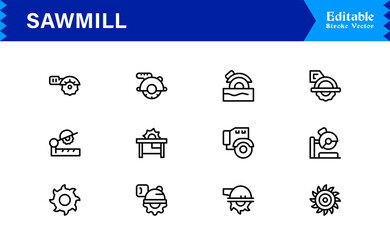 Sawmill And Lumber Industry Line Icon Set – Professional, Modern, Minimal, And Pixel Perfect Woodcutting Symbols