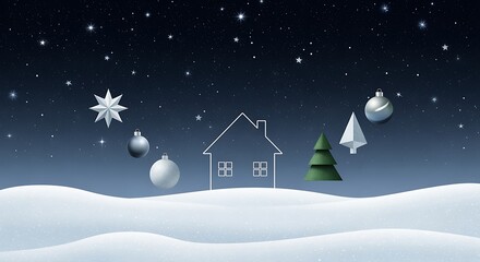 Naklejka premium Winter Scene with Snow, House and Ornaments at Night