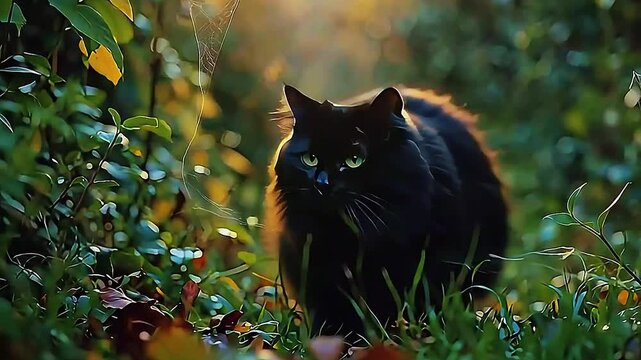 Close-up 8K cinematic shot of black cats with green eyes chasing fireflies in a moonlit overgrown garden, with dewy leaves and silver-lit cobwebs. Ideal for nature, fantasy, and seasonal projects.
