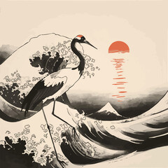 Obraz premium A Japanese red-crowned crane gracefully balances by turbulent black ink waves, with a radiant red sun reflecting on the distant horizon in a traditional minimalist style..eps