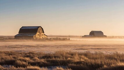 Serene Sunrise Mist Over Rural Barns and Dry Grass Fields. - Powered by Adobe