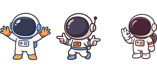 cheerful astronaut raising hands on cartoon stage