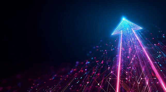 Digital Growth Arrow Up. Neon Light Speed Trend and Financial Success Concept on Dark Background.