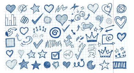 Hand-Drawn Doodle Elements Collection Hearts, Stars, Arrows, and Emblems in Blue on a Grid