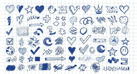 Hand-drawn doodle elements Hearts, stars, arrows, and other sketched design icons on a grid background © Kaito