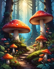 A whimsical forest scene featuring large, red-capped mushrooms with white spots, paths, and vibrant greenery. A sunlit, magical atmosphere is created