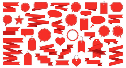 Extensive set of red vector graphic design elements including various ribbons, banners, labels, and tags, ideal for sales, marketing promotions, price tags, and special offer announcements