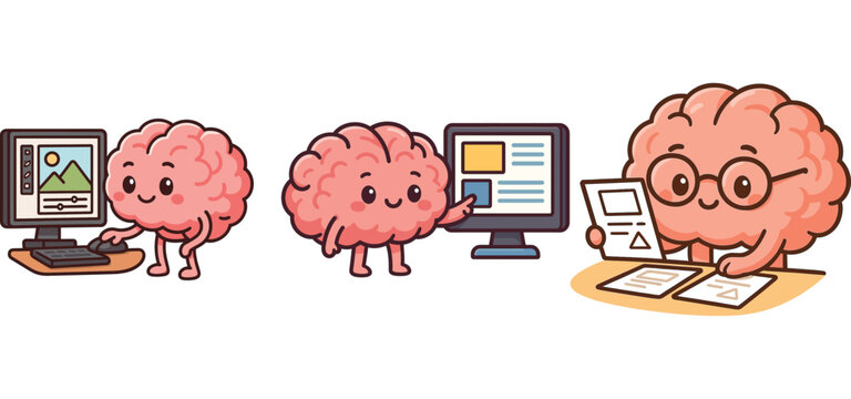 cartoon brain working at computer and taking notes