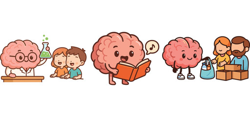 cute brain studying and reading with parent