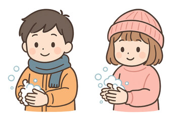 泡でしっかり手洗いをしている子どものイラストセット（男の子・女の子）｜感染予防・衛生習慣・教育素材