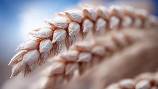 Elegance of Wheat: A close-up showcases the delicate beauty of wheat, its golden kernels catching the light against a backdrop of the sky.