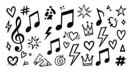 Hand Drawn Music Notes and Decorative Elements on White Background