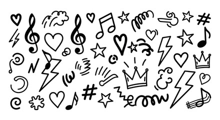 Obraz premium Collection of hand-drawn musical notes, lightning bolts, and hearts on a white background