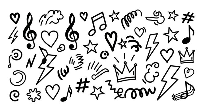 Collection of hand-drawn musical notes, lightning bolts, and hearts on a white background