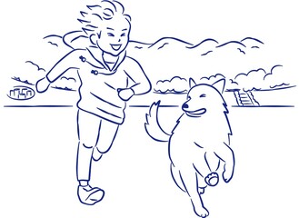 少年と犬が楽しそうに走っている線画イラスト