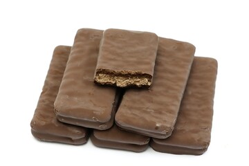 Stack of Chocolate biscuit bars white background