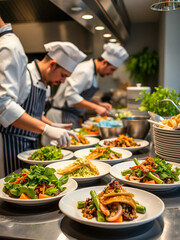 Obraz premium Chefs prepare plant-based dishes in restaurant kitchen. Plates with vegan food on the table. Healthy food, culinary innovation in plant based dining for restaurants and food producers.