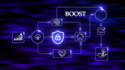 Neon technology boost concept handshake futuristic glowing graphic growth illustration increase people icons connected to central cloud network digital board, boost business concept.. - Powered by Adobe