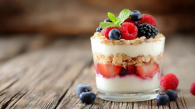 Delicious Berry Yogurt Parfait with Granola and Fresh Mint on Rustic Wood.
