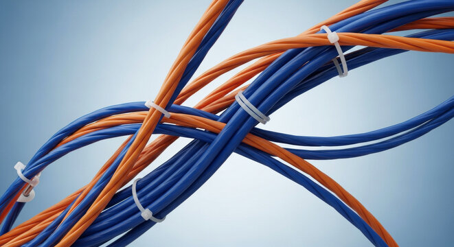 A detailed studio shot of tangled blue and orange electrical cables secured with white zip ties, set against a gradient blue backdrop, showcasing connectivity.
