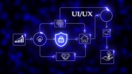 NEON UI /UX design cloud network concept with glowing neon icons developer development device experience information interface internet  application background business..