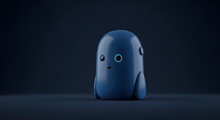 Glossy blue robot with glowing cyan eye and oval mouth standing in dark space minimalist design with rounded body and friendly tech aesthetic