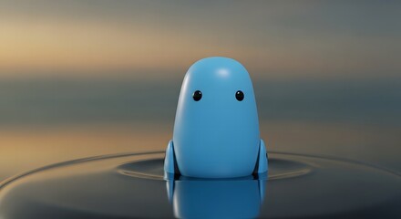 Smooth blue character with black eyes sitting in calm water during sunrise or sunset minimalist design with soft ripples and tranquil atmosphere
