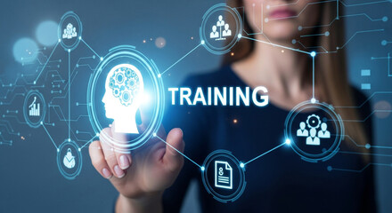 Woman interacts with a glowing blue digital interface displaying a training icon with a human head illustration and interconnected abstract business icons in a modern graphic design.