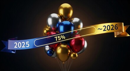A progress bar showing 75% completion from 2025 to 2026, visualized with a cluster of colorful balloons, symbolizing the nearing end of the year and anticipation