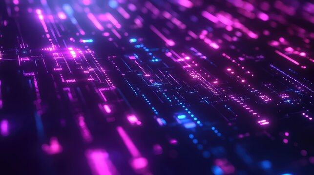 Digital circuit board network with glowing data streams