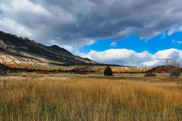 Dramatic Clouds over the Ewing-Snell Historic Ranch Site and the Pryor Mountains in Bighorn Canyon National Recreation Area in Montana.