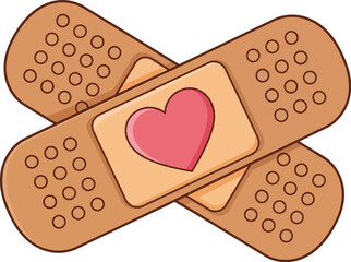 Crossed adhesive bandages with heart symbol on white plain background