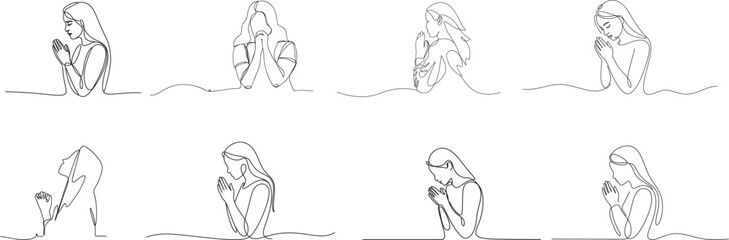 Collection of Minimalist line art of a woman Christian prayer hand drawn concept for decoration on white background.