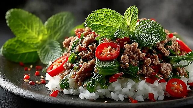 Savory Minced Meat and Basil Stir Fry Served Over Steamed Rice.